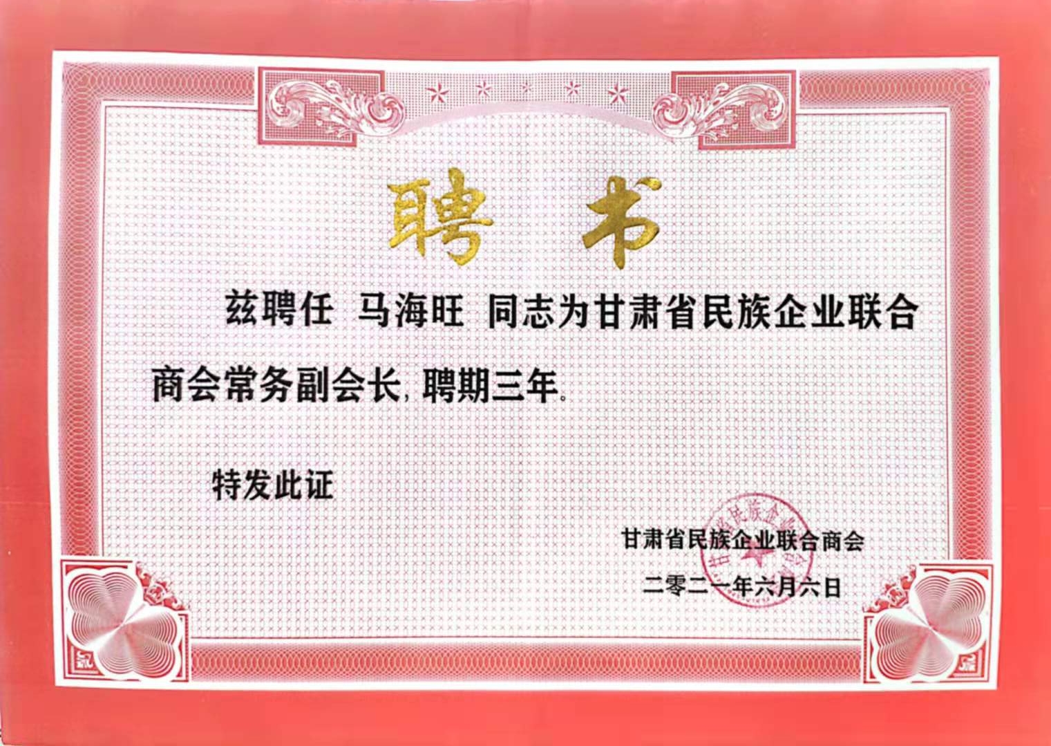 2021马海旺商会副会长聘书